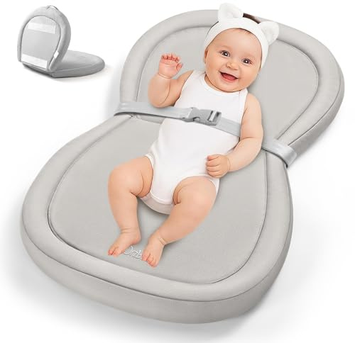 Orzbow Baby Changing Pad, Foldable Diaper Changing Pad for Dresser and Table, Wipeable Changing Pad Easy to Clean, Waterproof PU & Soft Foam Inner, Non-Slip, with Safety Belt, 28 × 19, Gray