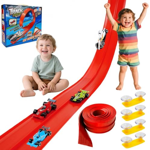 Speed Race Track for Cars, 5M Flexible Car Track Speed Race for Toy Cars with 4 Diecast Cars & Monster Trucks and Flexible DIY Trucks Suction Cup Birthday Gifts for 3 4 5 6 7 8 Year Boys Girls (Red)