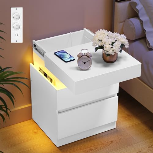 VASAGLE KAILYN Collezione - Comodini con Multipresa, Set di 2, Tavolini con Piano Scorrevole, 2 Cassetti, Striscia LED, Stile Moderno, 35 x 40 x 55 cm, Bianco Neve LET840WB01