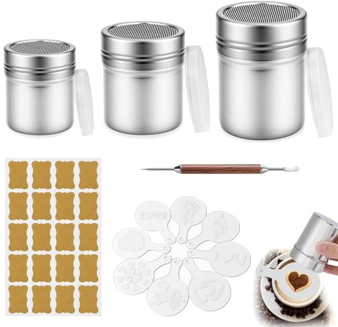 Spargitore per zucchero a velo, 3 pezzi con coperchio, in acciaio inox, con 8 stencil per cuocere il caffè, cioccolato, zucchero, sale