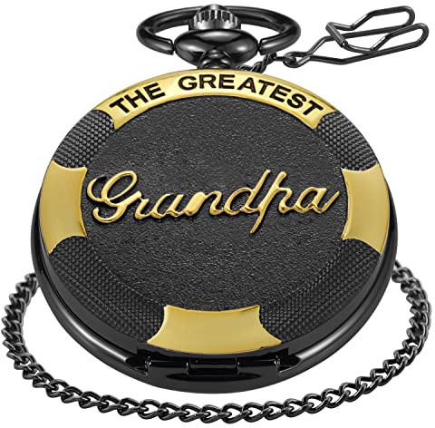 Realpoo Black Grandpa Quartz Pocket Watch Japan Movement with Belt Clip Chain -Black