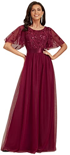 Ever-Pretty Damen Abendkleid A-Linie Spitze Kurze Ärmel Partykleid lang Burgund 48