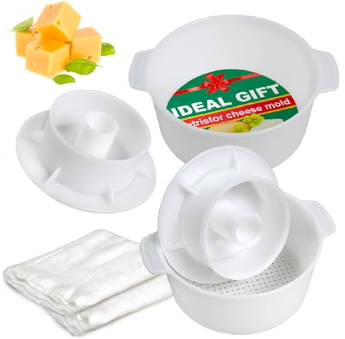 Lot de 2 moules à fromage avec piston suiveur et étamine – Kit de fabrication de fromage – Fournitures de fabrication de fromage – Moule à fromage – Panier de fabrication de fromage – Chiffon en coton