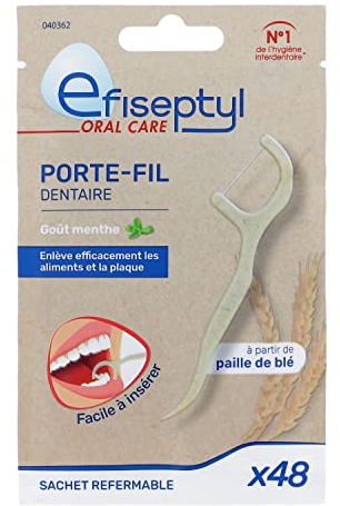 Efiseptyl - Porta filo dentale - Da paglia di grano - Gusto menta - Facile da inserire - Sacchetto richiudibile - x48