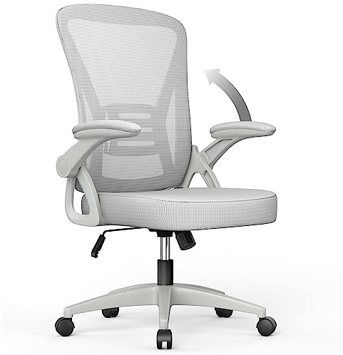 rattantree Silla de Oficina, Silla de Escritorio Ergonómica con Reposabrazos Plegables, Altura Ajustable, Soporte Lumbar, Silla Giratoria para Computadora con Cojín de Asiento Acolchado, Gris