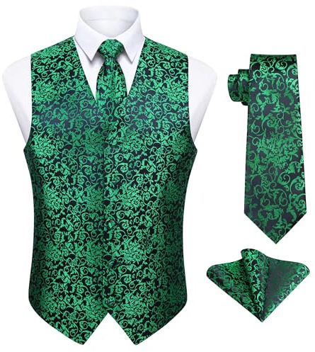 Enlision Chaleco de Vestir Verde Hombre Boda Jacquard Paisley Elegante Chalecos Traje Corbata y Pañuelo Floral de Fiesta L