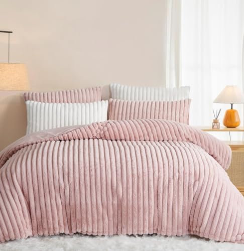 Lanqinglv Copripiumino in peluche 200 x 200 cm, motivo a righe in flanella di pelliccia, morbido, invernale, morbido, copripiumino e 2 federe 65 x 65 cm