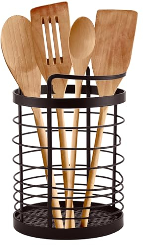 MeYuxg Porte-ustensiles de cuisine avec trous de drainage - Porte-ustensiles de cuisine - Grande capacité - Pour ustensiles de cuisine - Rangement de cuisine - Porte-cuillère (noir marron)