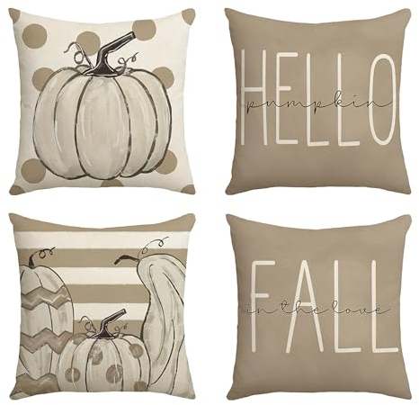 Fagent Herbst Kissenbezug 45 x 45 cm, 4er Kürbisse Kissenbezüge Herbst Set, Hallo Kürbis Herbst Dekorative Kissen Herbst Deko Dekoration für Thanksgiving Halloween Bettwäsche Sofa