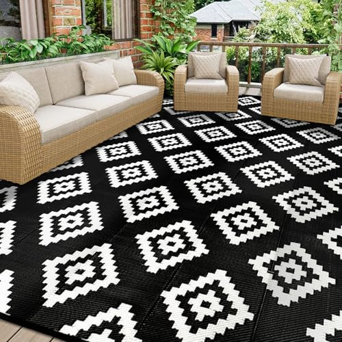 Homcomodar Outdoor Rug 245x305cm Garden Rugs Outdoor Waterproof Plastic Straw Rug Reversible Mats UV Resistant Camping Mat for Patio Garden Picnic Deck Beach(Black)