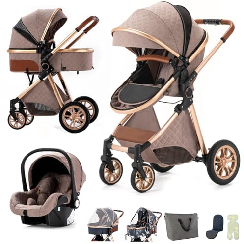 BEBBY 3-i-1-barnvagn, kombibarnvagn, 2-i-1-set, hopfällbar, bärbar, resesystem, för nyfödda, för höglänta områden