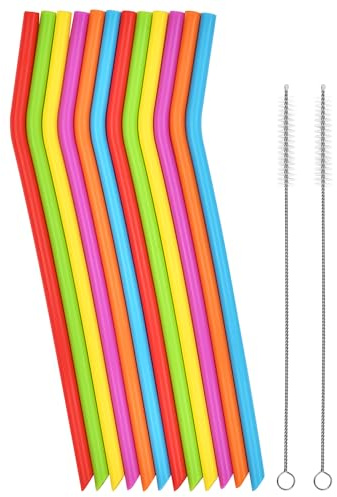 Reusable Silicone Drinking Straws, 12 Pcs Long Flexible Straws with 2 Cleaning Brushes for 20 and 30 oz Yeti/Rtic/Ozark Tumblers, BPA free, no Rubber Taste