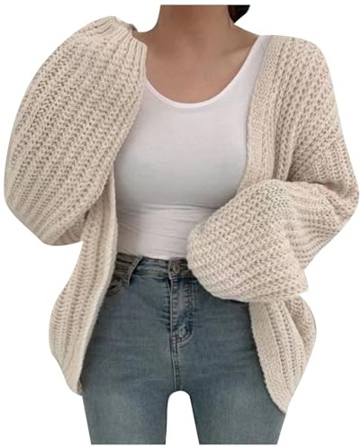 Women's Autumn Winter Coat Balloon Sleeves Knitted Cardigan Solid Color Versatile Lazy Style Thick Sweater Casual Loose Open Front Knitwear Beige