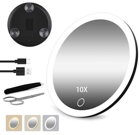 Junyaoxuan 10X Magnifying Mirror with Light,6 Large Makeup Magnifying Mirror with 3 Colors Dimmable,Portable LED Magnified with 3 Suction Cups,Black