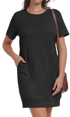 PrinStory kortärmad damklänningar med fickor sommar vardaglig enkel t-shirt klänning, Svart kortärmad, M
