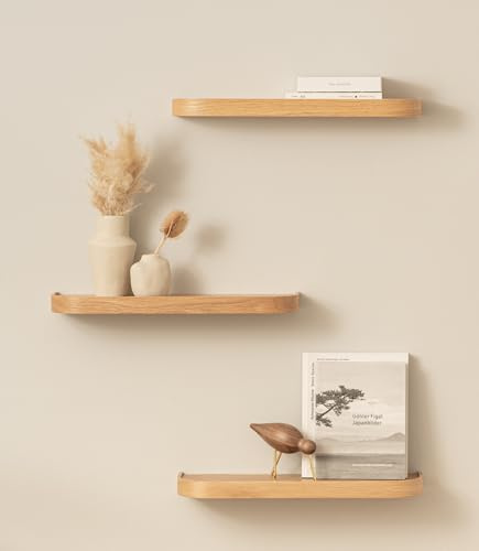 Kazai.® Wandregal-Set 'Toke' | 3 Hängeregale in Echtholz-Veneer | Schwebendes Holzregal als Wanddeko und Ablage für Bad, Wohnzimmer, Küche, Schlafzimmer und mehr | Eiche