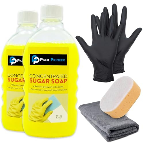 2 x Sugar Soap for Cleaning 500ml | Wall Cleaner for Painted Walls | Grease Remover | Effective Multi Surface Cleaner with Microfiber Cloth, Cleaning Sponge & Latex-Free Gloves