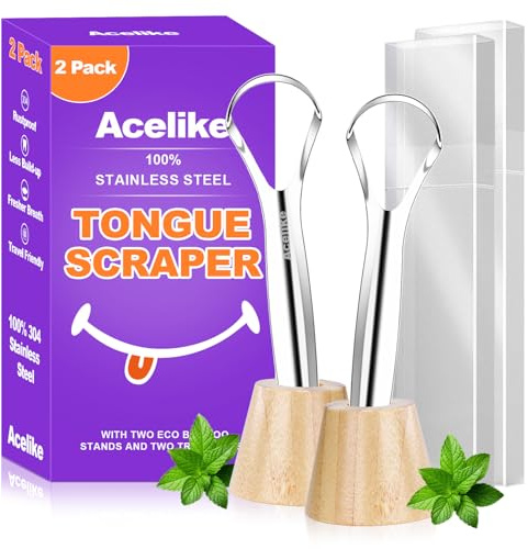 Tongue Scraper for Adults (2 Pack), 2 Bamboo Holder and 2 Travel Case, 100% Stainless Steel Tongue Scraper, Reducing Bad Breath, Tongue Cleaner for Oral Care & Hygiene, Home and Travel Use