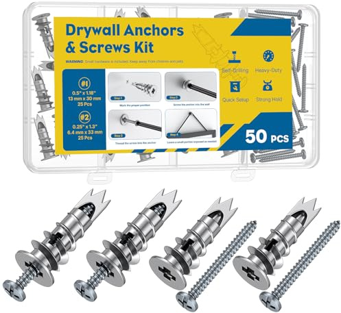 Uniclife 50 Pcs Self Drilling Drywall Anchors, Heavy Duty Wall Anchors for Drywall, Metal Dry Wall Anchors and Screws Kit, Zinc Alloy Sheetrock Anchors with #6 x 33 mm Screws, Picture Hanging Kit