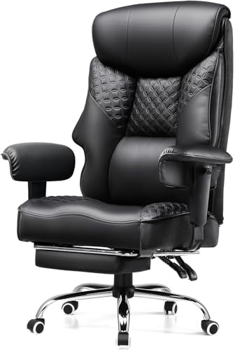 COMHOMA Gamingstol för stora och tunga personer, ergonomisk kontorsstol upp till 180 kg, 3D-sittkudde, justerbar med fotstöd, PU-läder, hög komfort för kontor och gaming svart