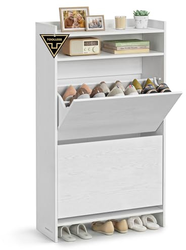 SONGMICS HOME Schuhschrank 2 Klappen, superschnelle werkzeuglose Montage, Toolless-Technologie, Schuhkipper schmal, Schuhaufbewahrung, Trennwand verstellbar, modern, schneeweiß LBC228WE01