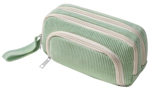 Pennfodral för flickor med 3 fack, söta stora pennfodral, gröna | Pennfodral i corduroy i estetisk design med handtag, för skol- och kontorsmaterial