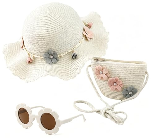 Little Girls Handbag Set, Girl's Straw Bag with Flower Sunglasses&Straw Hat
