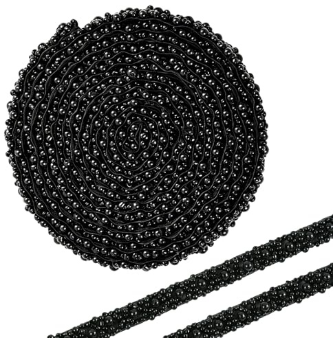 Nastro con Perline Nastro Decorativo Perlato Ricamato per Cucito, Matrimonio, Abito da Sposa, Decorazione Fai da Te (Nero)