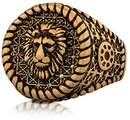 Akitsune Imperator Ring | Bague Design Femmes Hommes Acier Inoxydable Grand Sceau du Roi Lion - Or - US 10