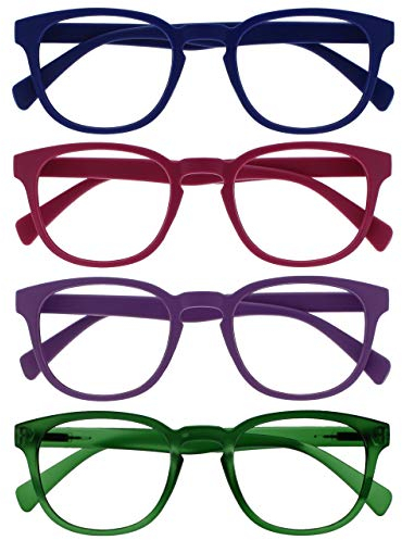 OPULIZE Pop Gafas de Lectura Pack de 4 Redondas Azul, Rosa Fucsia, Violeta y Verde Musgo Mate Satinado Bisagras con Muelle Resistentes a los Arañazos Hombre Mujer RRRR2-3456 +1.50