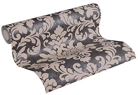 Livingwalls Non-Woven Wallpaper Diamonds Wallpaper with Ornaments Baroque 10.05 m x 0.53 m Black Silver Beige 372704 37270-4