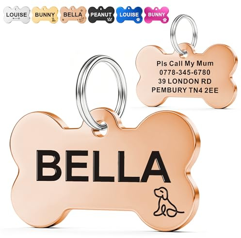 EDSG Personalised Dog Tags for Pets UK | Deep Engraved Stainless Steel Cat & Dog Name ID Tags | Custom Dog Tag Scratch, Rust & Fade Resistant | Anti-Lost Pet Tag for Puppy Kitten (Rose Gold Bone)