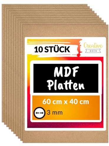 Creative Deco 10 x MDF Tablero 60 x 40 cm Madera | 600 x 400 x 3 mm (+/-2mm) | Perfecto para Corte por Laser, CNC Router, Modelado, Calado, Bricolaje, Manualidades