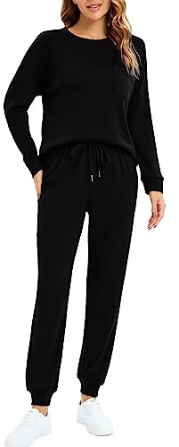 Jhsnjnr Women's Tracksuit Sets Loungewear 2 Piece Long Sleeve Tops & Pants Pyjamas Black