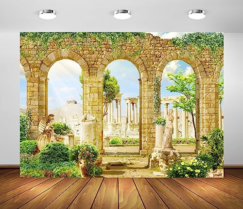 BELECO 2.1x1.5m Toile Fond Tissu Romantique Grèce Palais Jardin Photographie Ancien Pierre Arche Feuilles Vertes Lianes Statues Piliers Ruines Fête Décoration Accessoire Photo