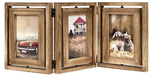 Emfogoo 10x15 Cadre Photo en Bois Rustique Pliant à Charnière Triple Cadres Photo Collage, Affichage Double Face Rotatif Haute Définition Cadre Photo en Verre pour Table de Maison (Noir carbonisé)