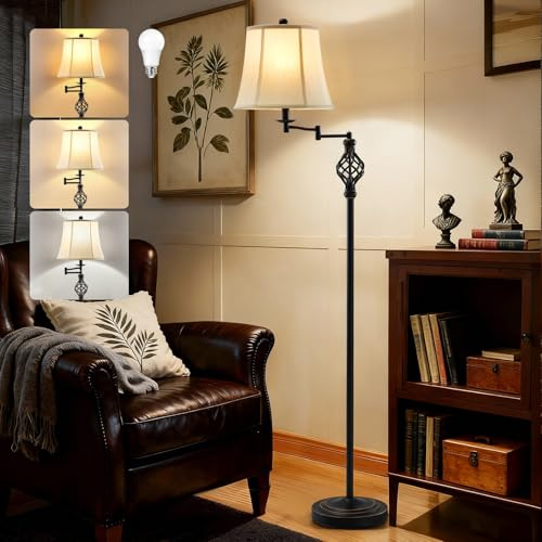 GyroVu Color Temperature Adjustable Floor lamp, Traditional 350° Adjustable Swing Arm Floor Lamp Vintage Pole lamp Farmhouse Lamp for Living Rooms & Offices, Rustic Standing Lamp for Bedroom Reading