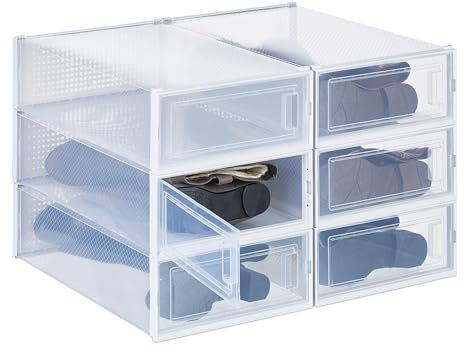 Relaxdays Schuhboxen 6er Set, für Stiefel, Stiefelbox, stapelbar, bis Gr. 44,5, Lüftungsschlitze, faltbar, transparent