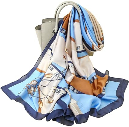 WEIGEER Foulard en soie femmes châle Écharpe en soie Silk Scarf Women Chiffon Shawl White Neckerchief Head Wrap Thin Scarf Beach Hijab Belt Vintage Bridal Shawl Binder (Bande Bleue)