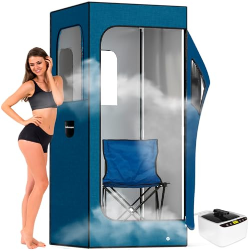 Adamson Sauna Portatil - Sauna Vapor 2.6L 1000W + Silla + Control Remoto + Masajeador de pies & Alfombra Antideslizante - Nylon Azul