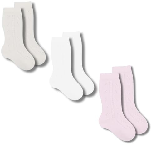 Coccoli | 3 Paia di Calzini Lunghi Neonato in Cotone Elasticizzato con Motivo Traforato, Calzini Traforati Neonato a Tinta Unita, Made in Italy (panna-bianco-rosa, 22/23)