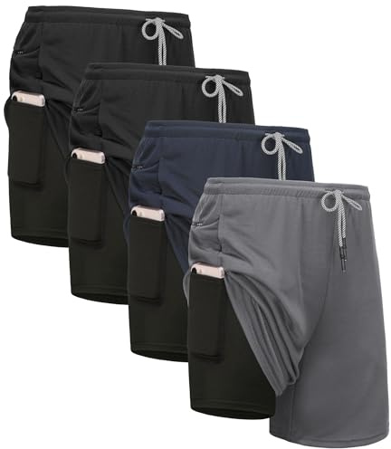 Kinglaman 4 Pack Mens 2 in 1 Running Workout Shorts with Liner, Gym Athletic Quick Dry Sport Shorts with Pockets 2 Black 1 Blue 1 Gray X-Large