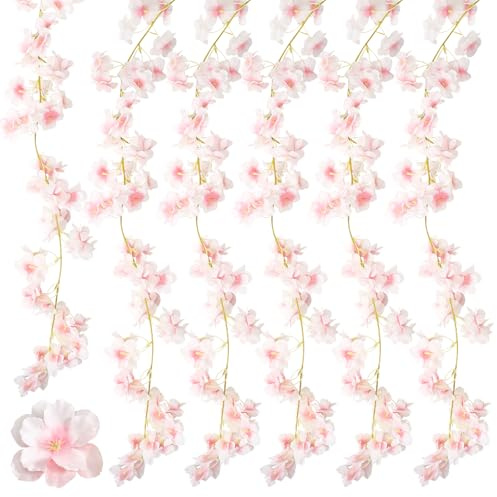 6 Pezzi Fiori di Ciliegio Fiori Artificiali, 1.8M Decorazione Floreale in Ratta Fiori di Ciliegio Finti, Fiori di Ciliegio Fiori Artificiali Ghirlanda Primaverile Appesi Ghirlanda di Vite