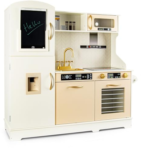 Leomark NOTE Träkök – Realistiska Funktioner, Magnetisk ritbräda, Induktionshäll, Vattenautomat, Roterande Kranar, 107,7x30,2x97 cm, Barnkök för Barn från 3 år, Låtsaslek-leksak för Hem och Förskola | Med 12-tums raderbar skärm, den eleganta och lekfulla allierade, kreativitetsstimulering, trämaterial, för barn