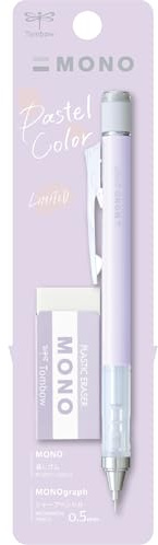 Tombow MONO graph och MONO suddgummi, 0,5 mm, lavendel, precision med 4 mm spets, innovativ skakningsmekanism, stabilare mässingstång, påfyllningsbar, inkl. suddgummi [SH-MG94-PE04A]