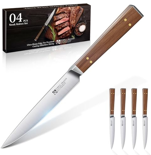 Purple Dragon Steakmesser 4er Set - Steakmesser Glattschliff mit Ergonomischem Holzgriff, Hochwertige Edelstahl Küchen Steakbesteck, Geschenk für Umzug, Geburtstag, Neujahrs