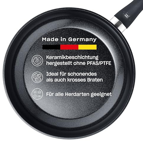 Fissler Essential Black Poêle à frire avec revêtement en aluminium (20 cm) avec revêtement en céramique fabriquée sans PFAS/PTFE, induction – Fabriquée en Allemagne