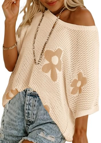 Chicrise Top Crochet Femme Ete Cover Up Col Rond Manches Courtes Tunique Hollow Out Tricot