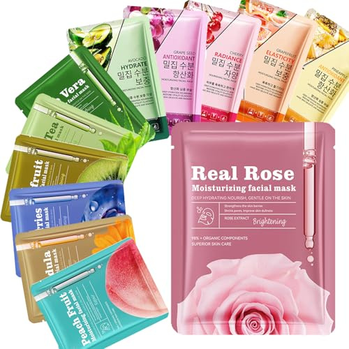 12 Pièces Masque Visage, Masques en Feuilles de Daily Care, Masques Tissus Hydratant Nourrissants pour tous les types de peau, Visage Nourrissants Femme Masque