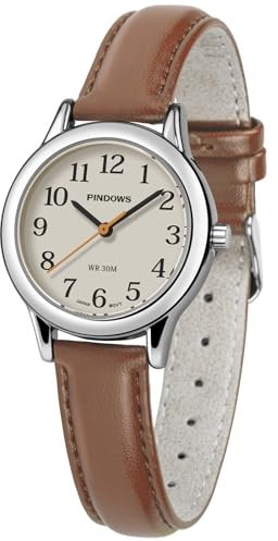 PINDOWS Minimalistische Uhren für Damen, Goldton-Gehäuse mit schwarzem Lederarmband, Modisch, Elegante Quarz-Analoguhr für den täglichen Gebrauch